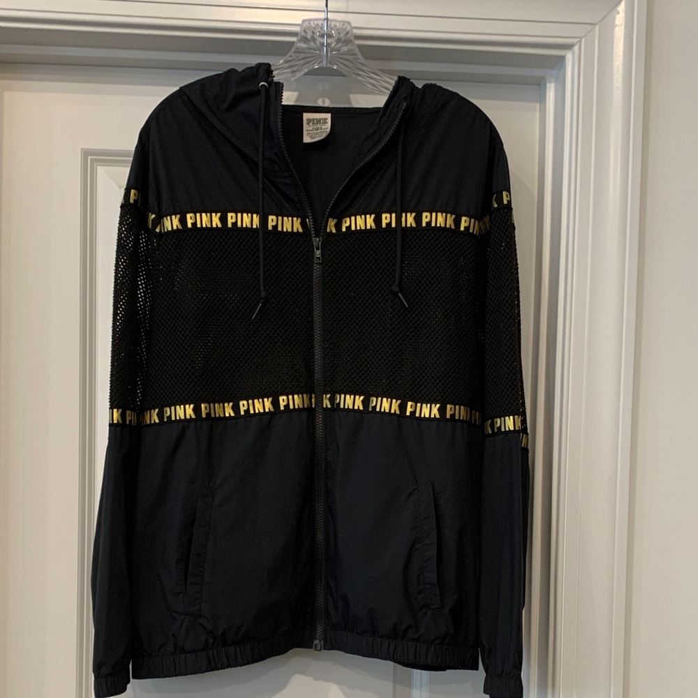 PINK Victoria's Secret Black Jacket hooded with gold Logo Tag Medium